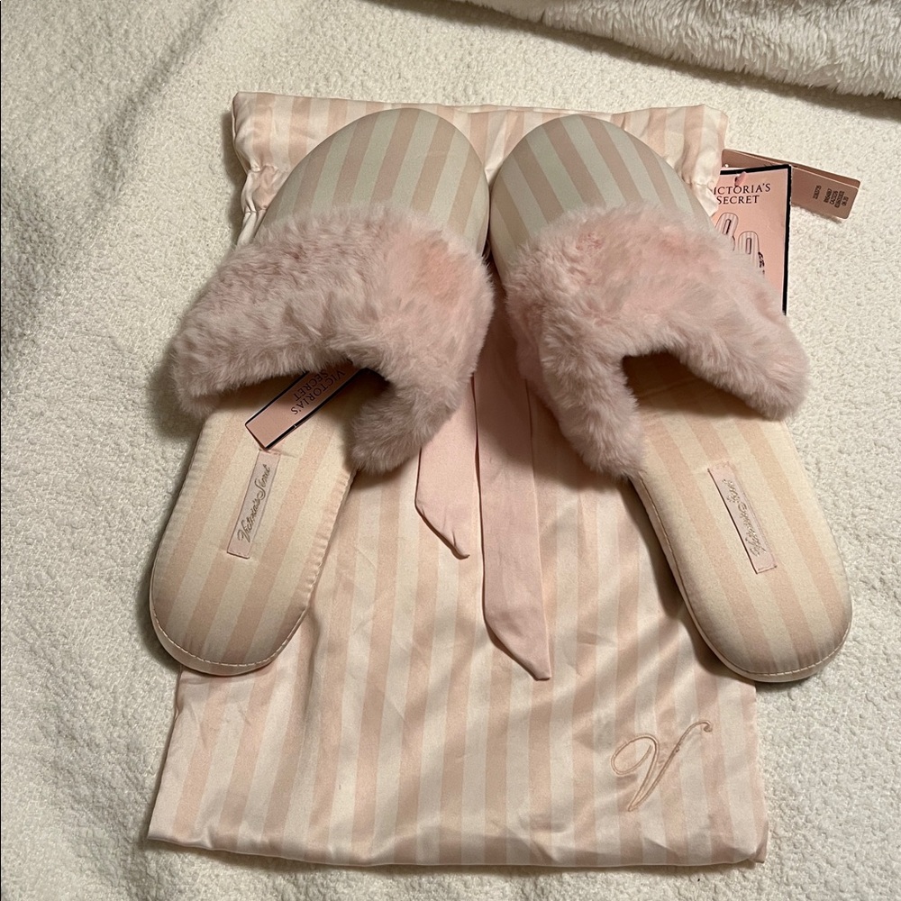 Victoria's Secret Women’s Satin Slip On Slipper Pink White Stripes